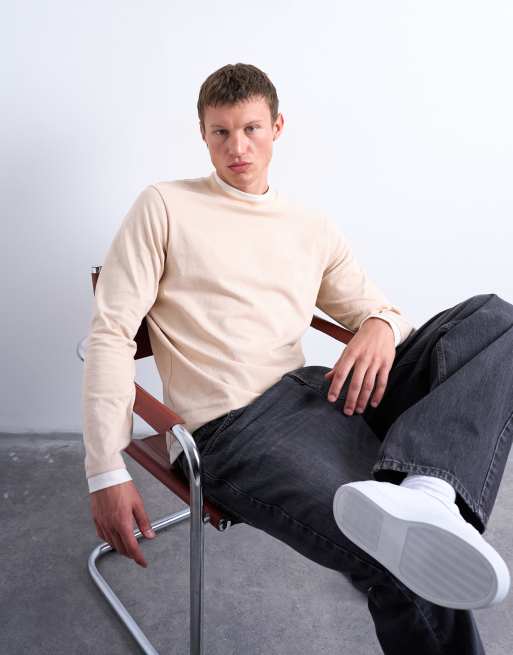 Topman – Langärmliges, zweilagiges T-Shirt in Stein und Ecru, 3 von 5