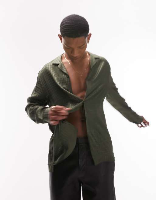 Topman - Langærmet kakigrøn skjorte i regular fit med reverskrave og pepitatern i jacquard