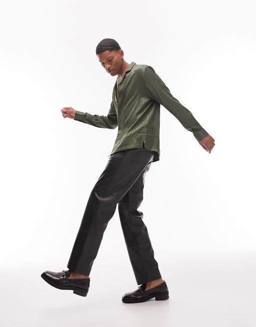 Topman - Langærmet kakigrøn skjorte i regular fit med reverskrave og pepitatern i jacquard, 3 af 4