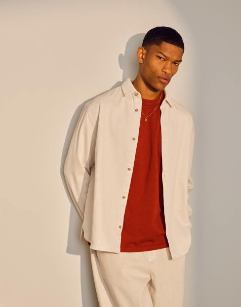 Topman - Langærmet og beige overskjorte i forvasket kanvas - view 1