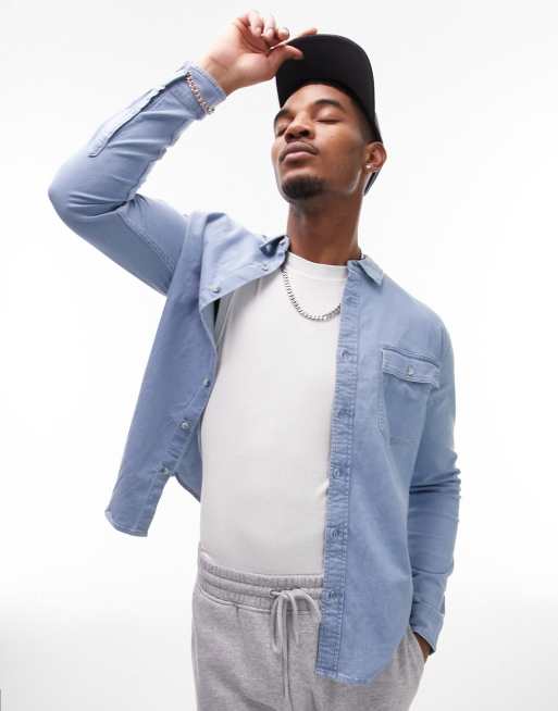 Topman - Langærmet og lyseblå denimskjorte i afbleget vask med stretch