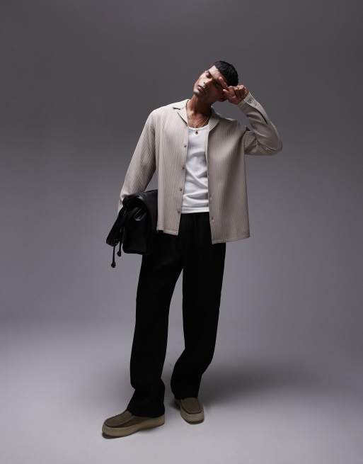 Topman - Langærmet skjorte med reverskrave og plisseringer i beige i regular fit, 3 af 4