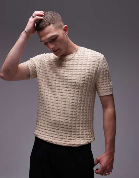 Topman – Lässig geschnittenes T-Shirt aus strukturiertem Strickmaterial in Beige - view 1