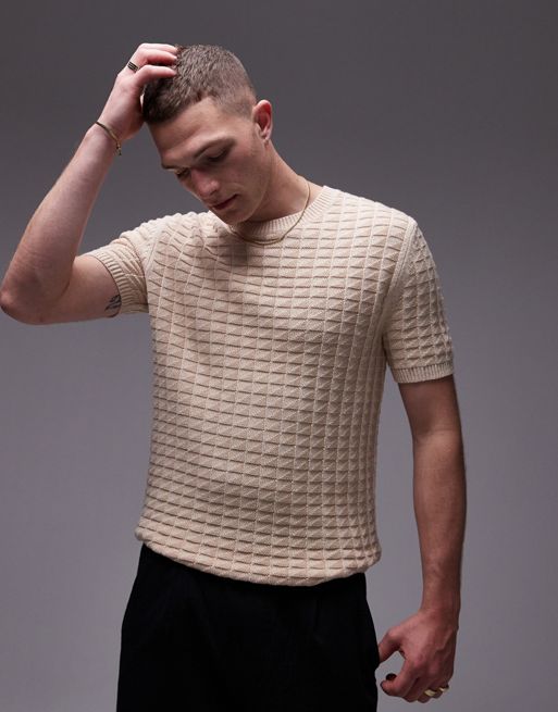 Topman – Lässig geschnittenes T-Shirt aus strukturiertem Strickmaterial in Beige