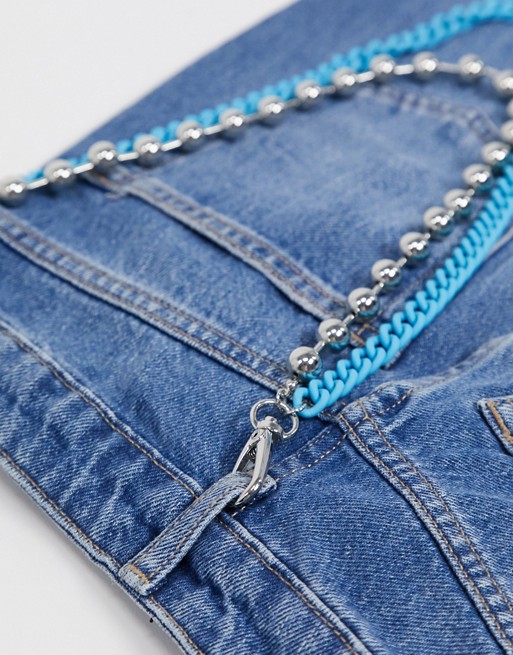Topman layered jean chain in silver and blue