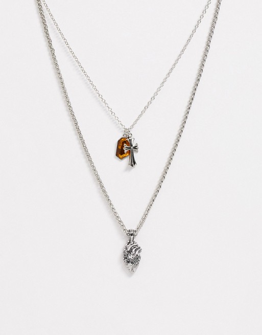Topman layered neck chain with pendants in silver