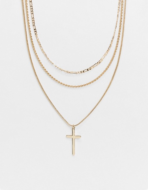 Topman layered Neckchains in gold with cross pendant