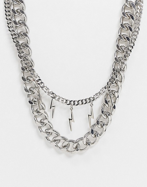 Topman layered statement neckchains in silver with lightning bolt pendants