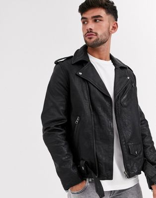 Topman leather biker jacket in black | ASOS