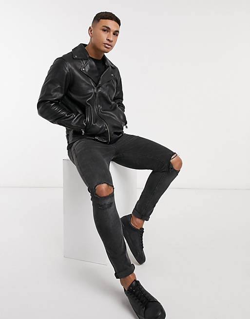 Topman leather biker jacket in black