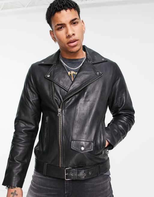 Topman leather biker jacket in black