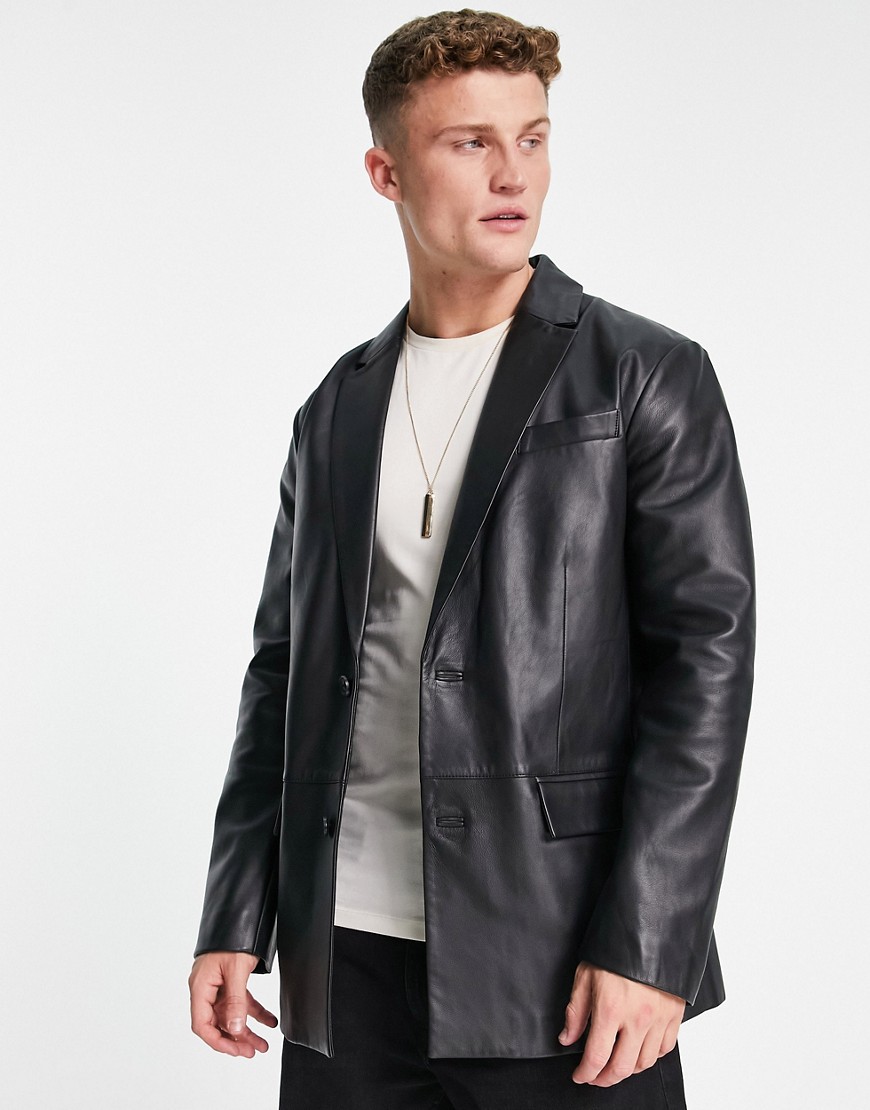 Topman leather boxy slim blazer in black