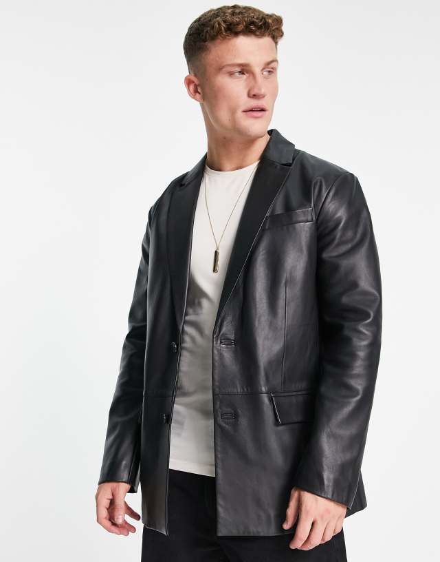 Topman - leather boxy slim blazer in black