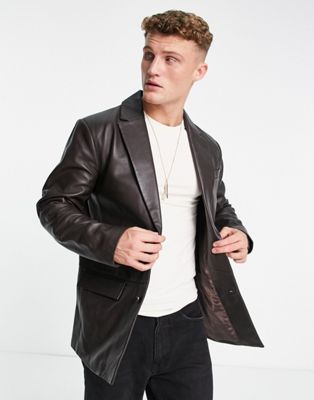 Topman leather boxy slim blazer in brown