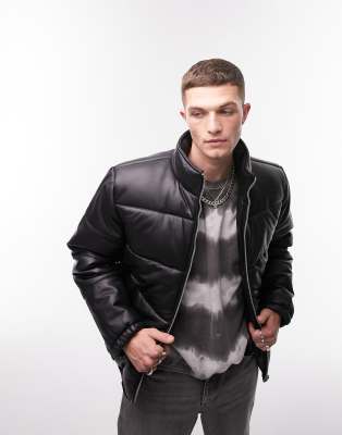 Topman Leather Puffer Jacket In Black