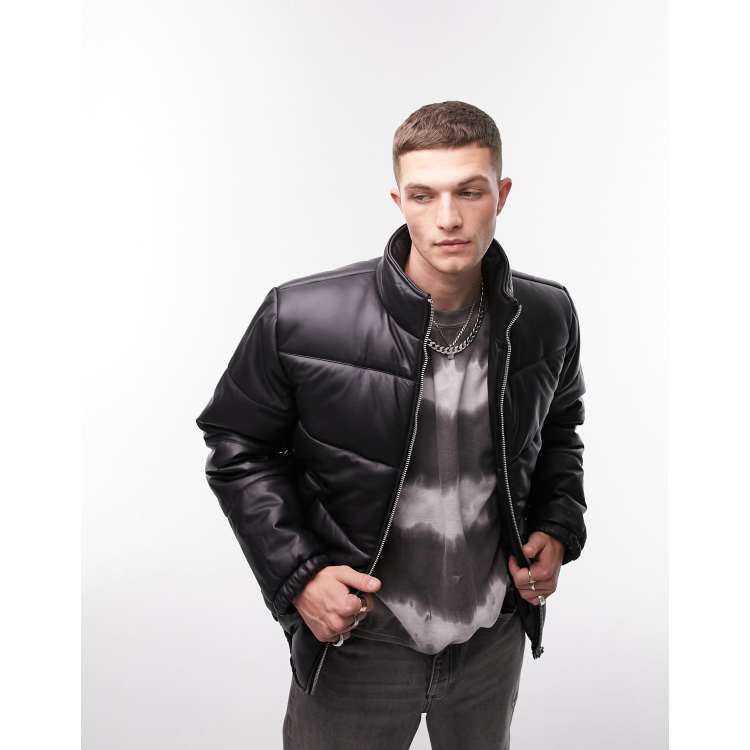 TOPMAN Faux Leather Puffer Jacket in Black for Men