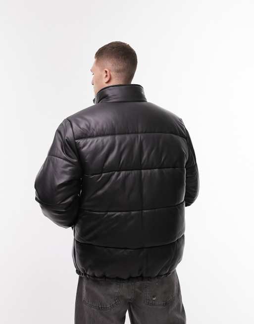 TOPMAN Faux Leather Puffer Jacket in Black for Men