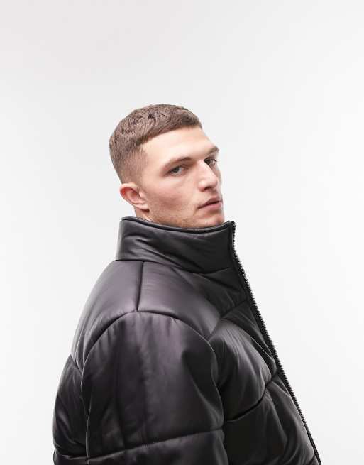 TOPMAN Faux Leather Puffer Jacket in Black for Men