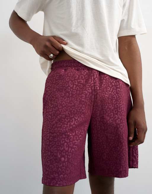 Topman leopard jacquard short in burgundy, 5 of 5