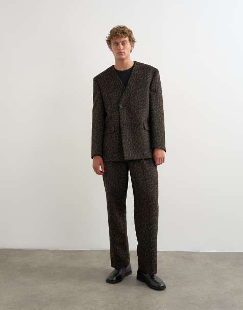 Topman leopard print double breasted suit in brown - view 1