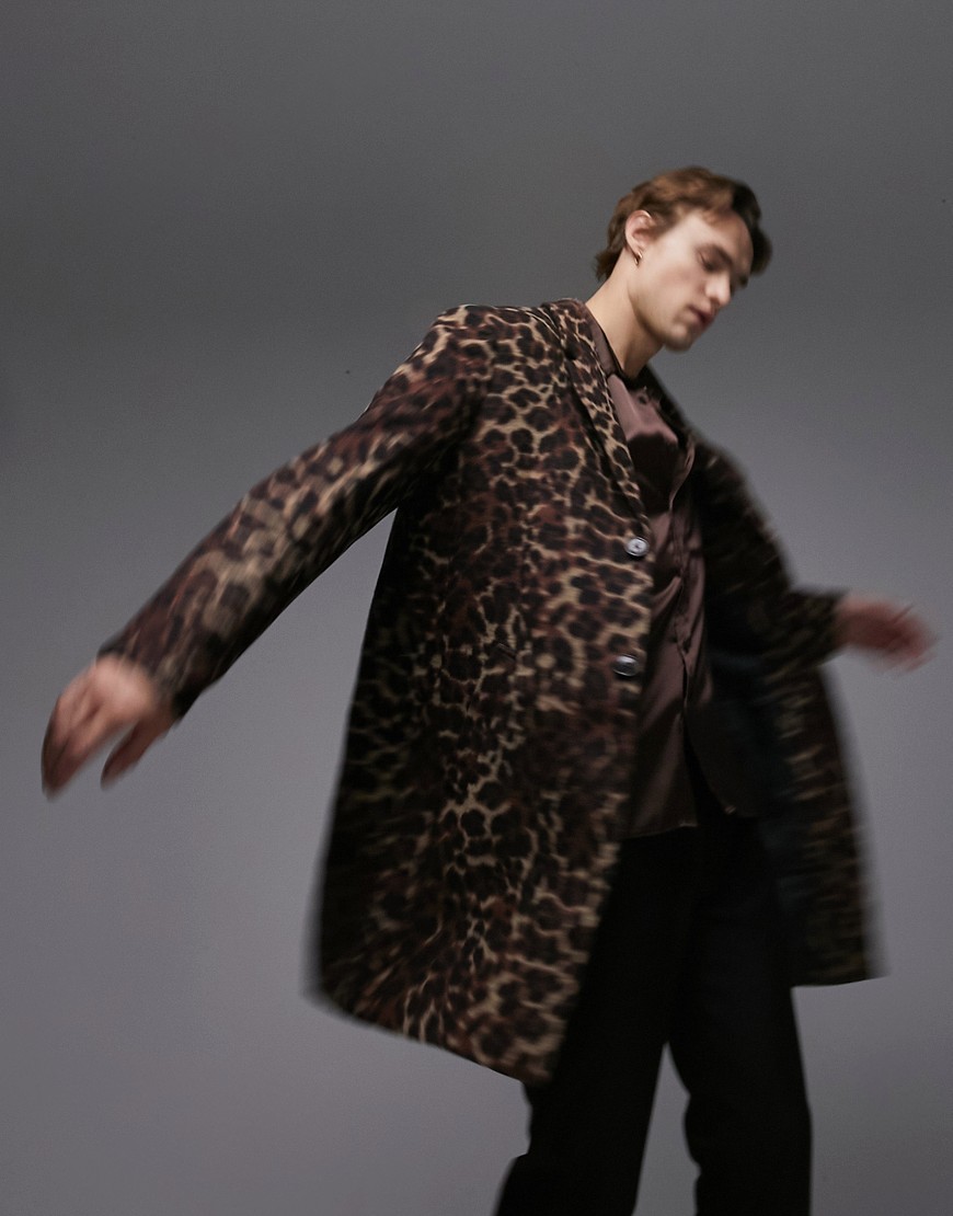 Topman leopard print longline over coat with wool in brown