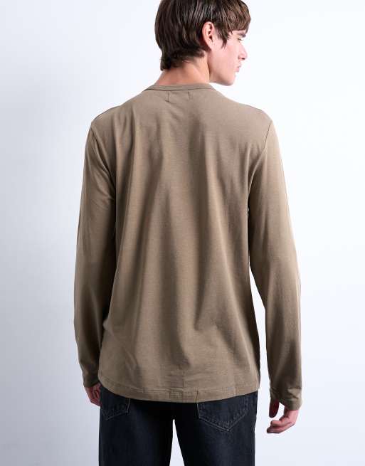 Topman lightweight long sleeve classic fit t-shirt in khaki, 5 of 5