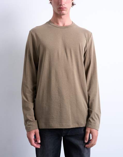 Topman lightweight long sleeve regular fit T-shirt in khaki - view 1