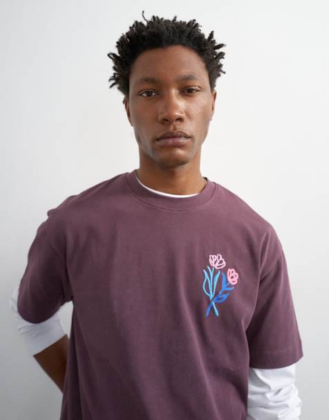 Topman – Lila, avslappnad t-shirt med broderade blommor fram- och baktill - view 1