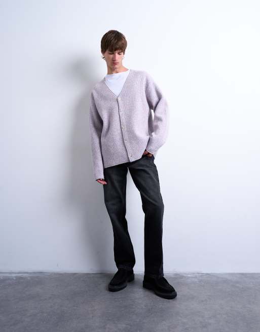 Topman – Liliowy kardigan oversize z dzianiny z przędzy skręcanej, 4 z 5