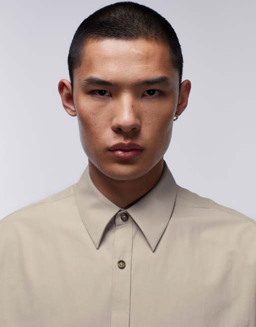 Topman Limited long sleeve oversized fit pointed collar shirt in beige, 2 of 4