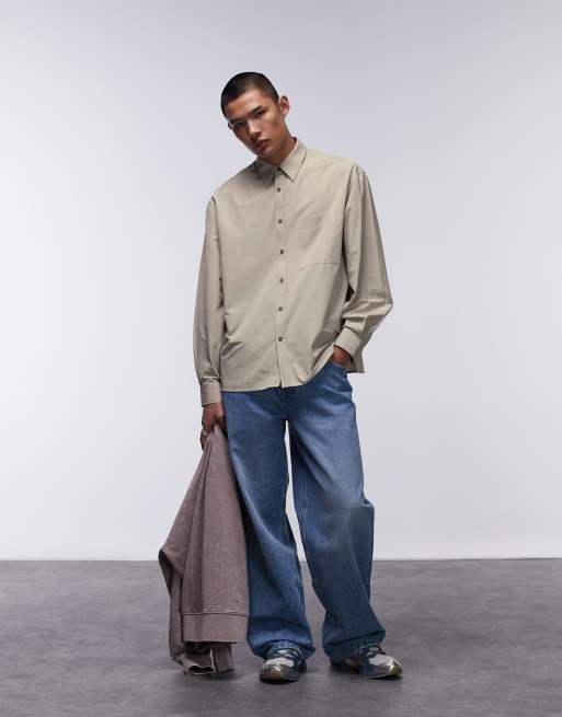 Topman Limited long sleeve oversized fit pointed collar shirt in beige, 3 of 4