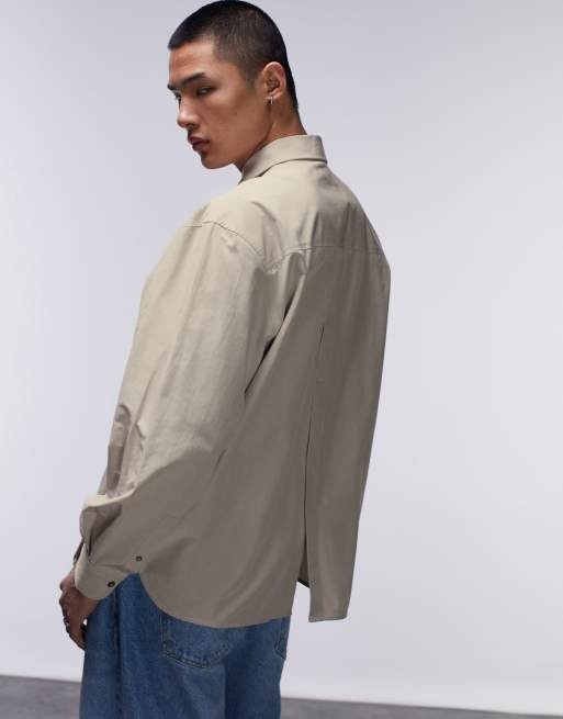 Topman Limited long sleeve oversized fit pointed collar shirt in beige, 4 of 4