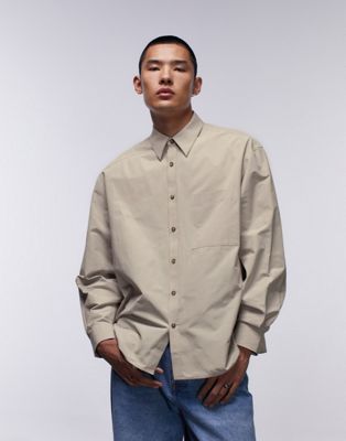 Topman Limited long sleeve oversized fit pointed collar shirt in beige
