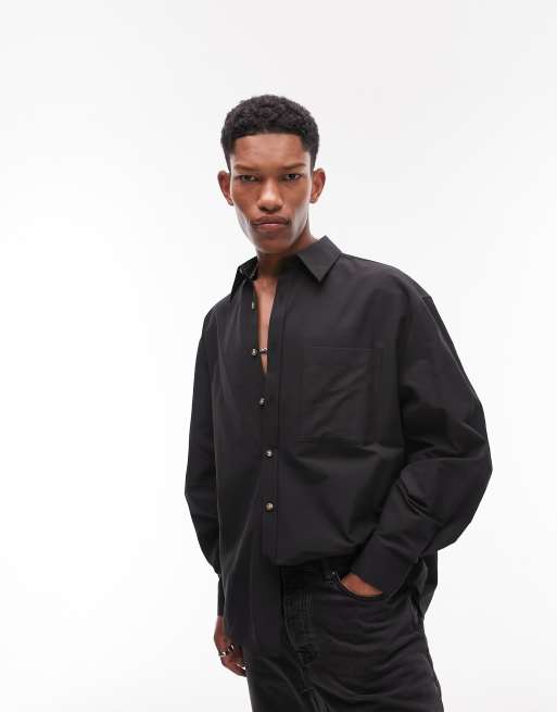 Topman Limited long sleeve oversized pointed collar shirt in black