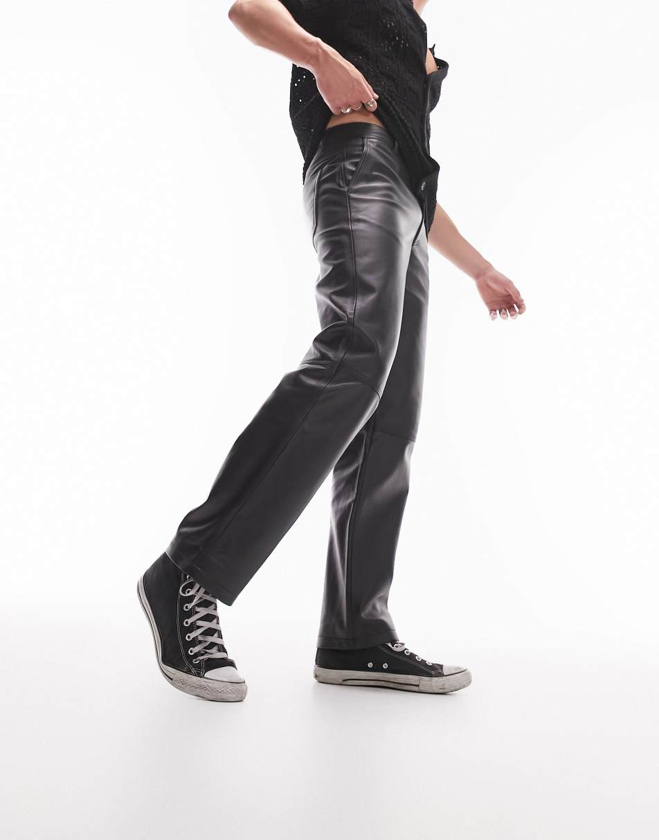 Topman Limited Premium straight leather trousers in black