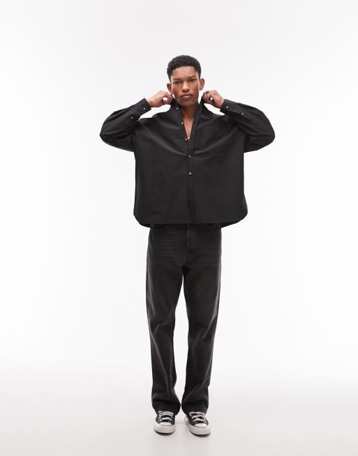 Topman - Limited - Sort langærmet oversized skjorte med spids krave