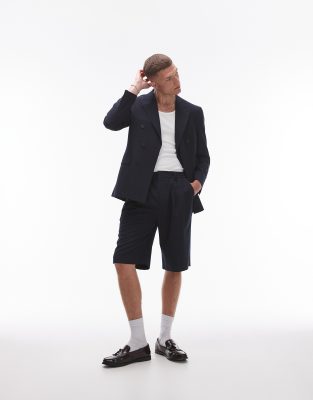 Topman Linen Blend Mix Longline Shorts In Navy