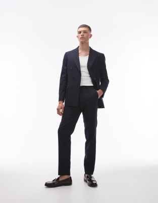 Topman linen blend mix slim suit pants in navy - view 1