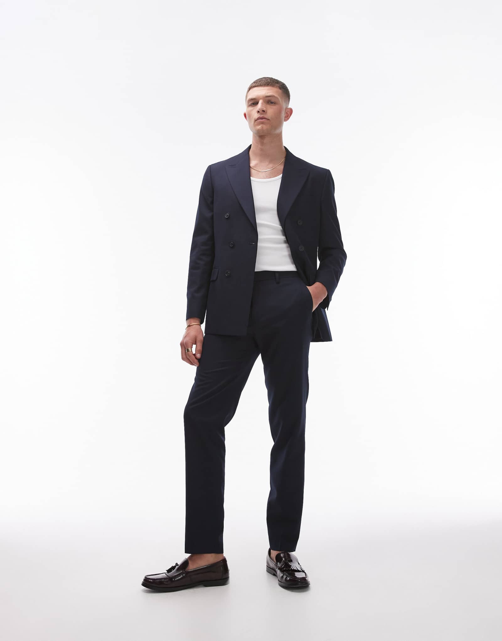 Облегающие классические брюки из льна Topman темно-синего цвета 