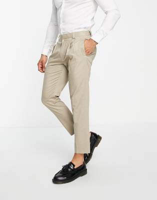 Topman linen blend mix tapered trousers in stone-Neutral