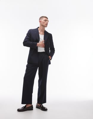 Topman Linen Blend Mix Wide Leg Pants In Navy