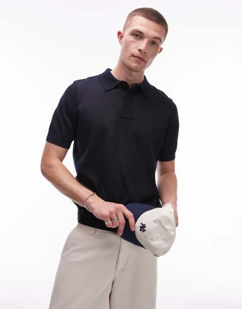 Topman linen mix knitted polo in navy - view 1
