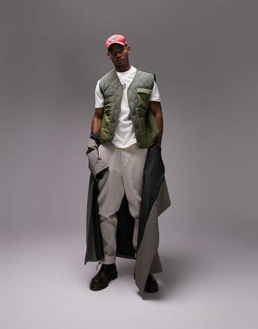 Topman liner gilet with mixed fabric in khaki, 2 of 4