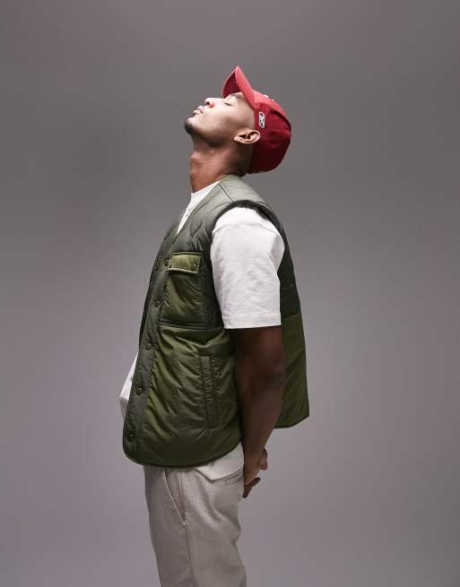 Topman liner gilet with mixed fabric in khaki, 4 of 4