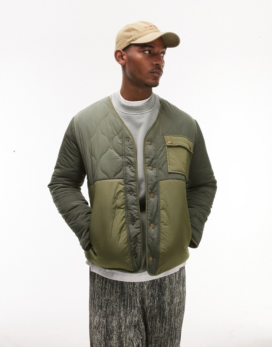 Topman liner jacket with mixed fabric in khaki-Green