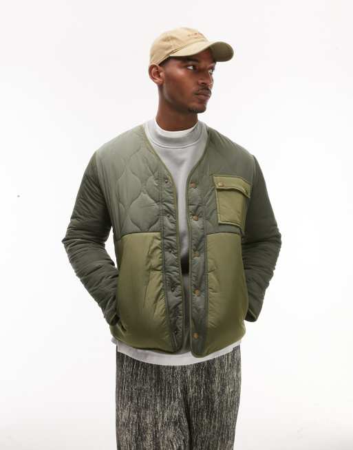 Topman liner Neck jacket with mixed fabric in khaki