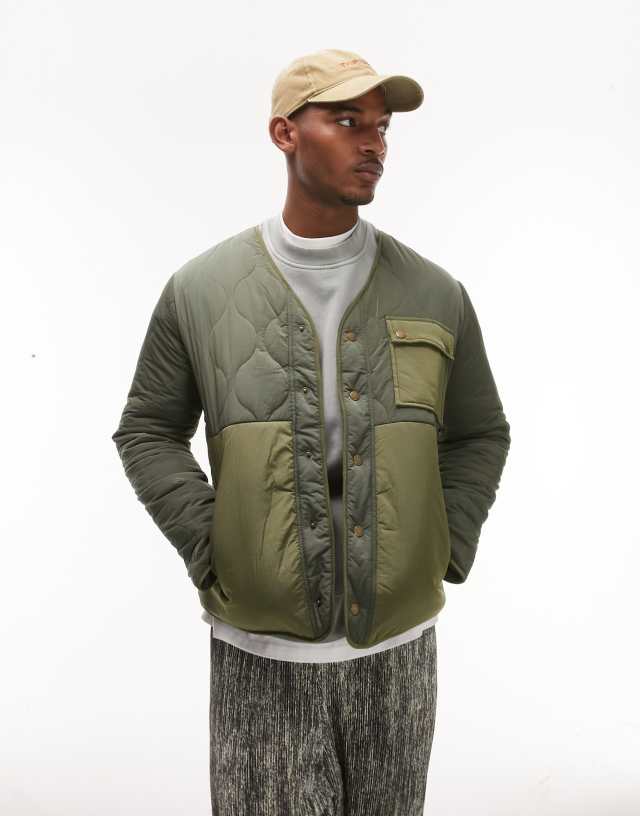 Topman - liner jacket with mixed fabric in khaki