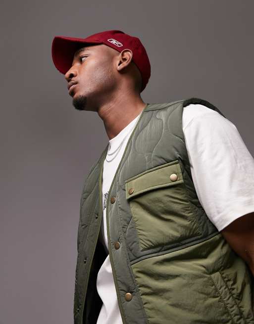 Topman liner vest with mixed fabric in khaki, 3 of 4