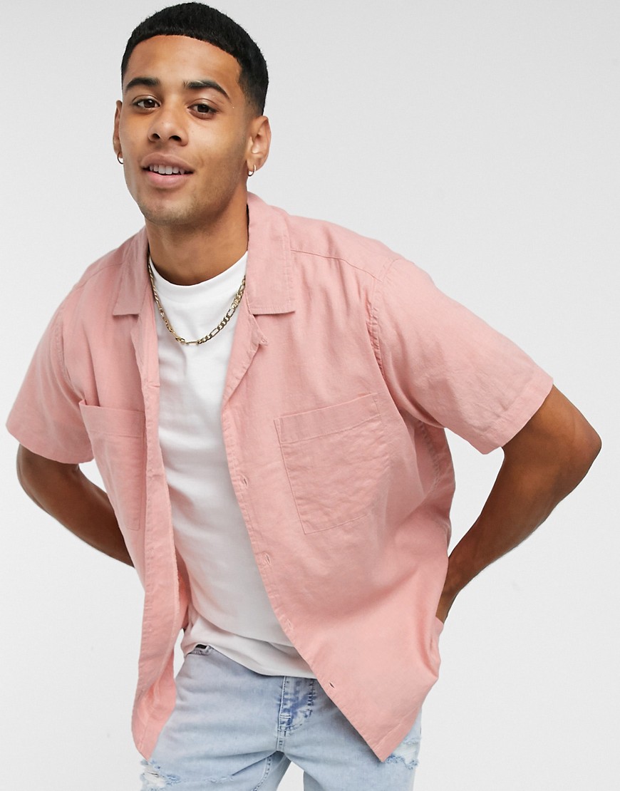 Topman - Linnen overhemd met korte mouwen en reverskraag in roze