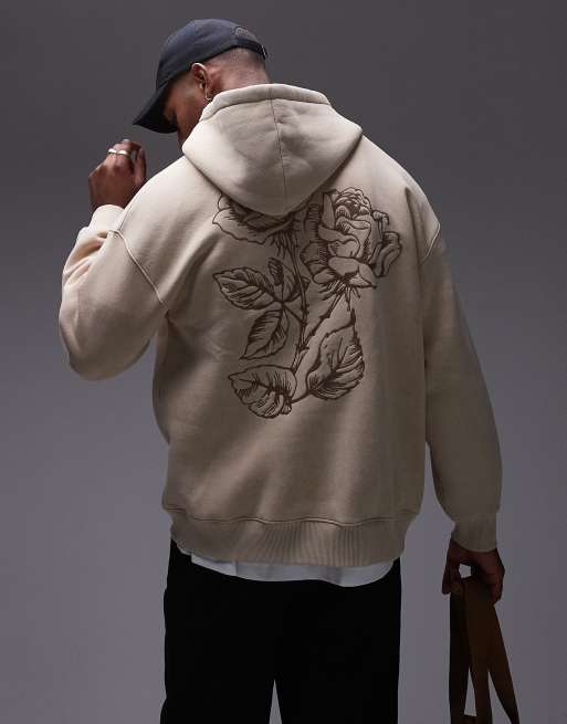 Topman – Ljusbeige huvtröja i oversize med broderade rosor framtill och baktill, 2 av 4